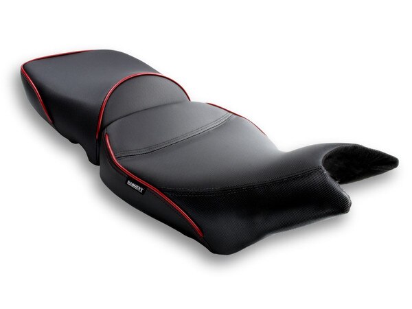 World Sport Performance Plus Motorcycle Seats for the Triumph Tiger 900 GT 2024+ shown with Carnival Red welt and stitch.